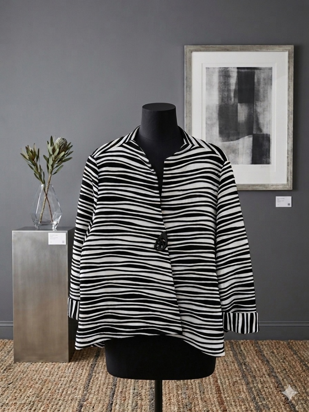 IC Collection Striped Black & White Button-Front Asymmetric Women's Art Jacket